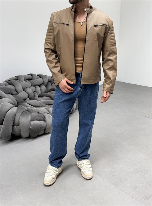 Krem Göğüs Çift Cepli Omuz Nervurlu Deri Ceket