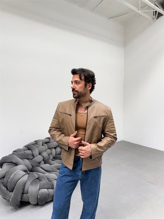 Krem Göğüs Çift Cepli Omuz Nervurlu Deri Ceket