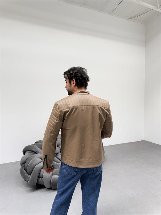 Krem Göğüs Çift Cepli Omuz Nervurlu Deri Ceket