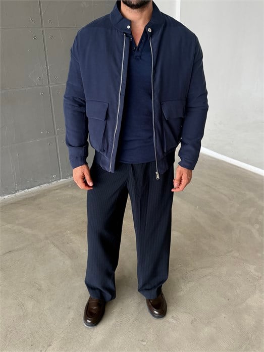 Lacivert Gabardin Dolumlu Dik Yaka Cep Kapaklı Mont SNZ 6359