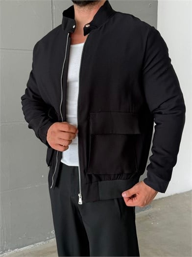 Siyah Gabardin Dolumlu Dik Yaka Cep Kapaklı Mont SNZ 6359