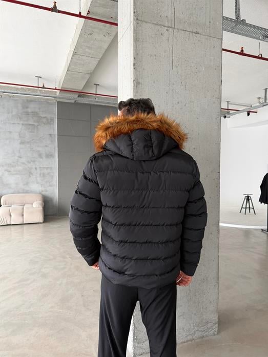 Siyah Su Geçirmez Kürklü Dolumlu Şişme Mont FP