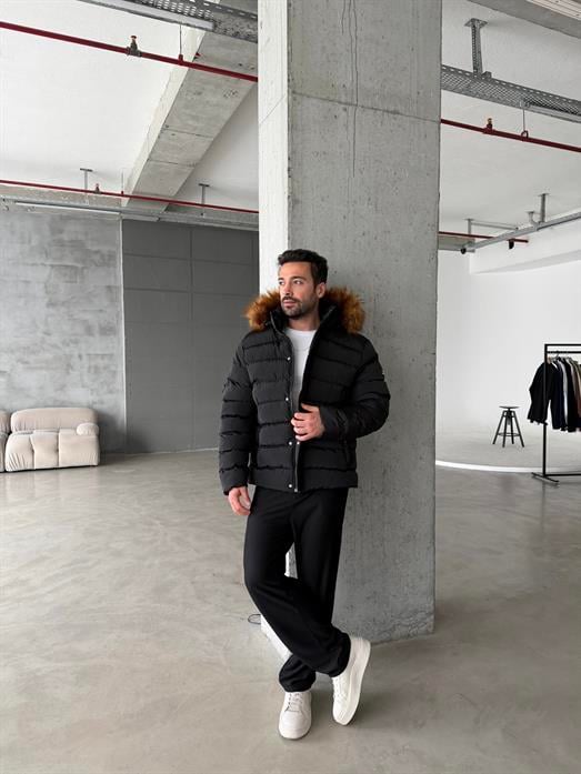 Siyah Su Geçirmez Kürklü Dolumlu Şişme Mont FP