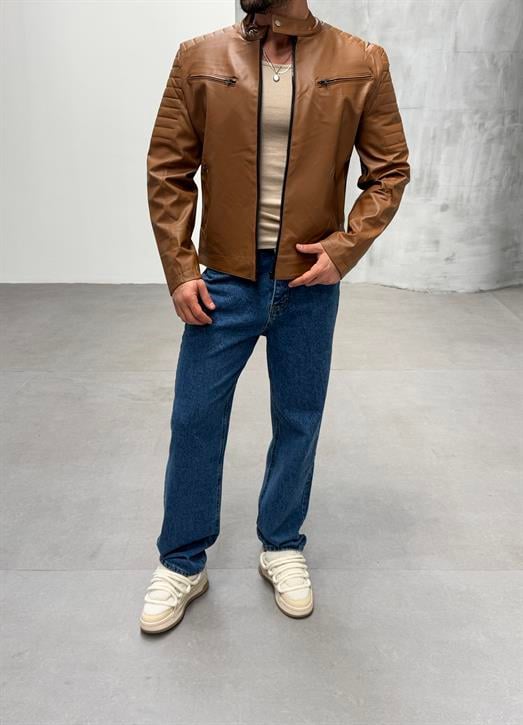 Taba Göğüs Çift Cepli Omuz Nervurlu Deri Ceket