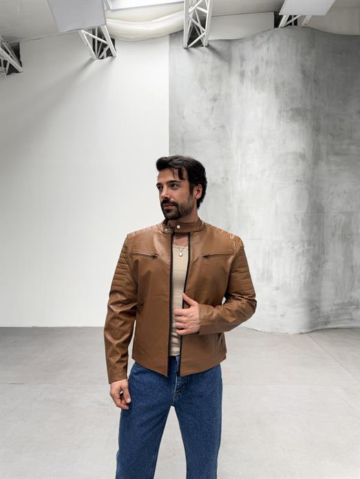 Taba Göğüs Çift Cepli Omuz Nervurlu Deri Ceket