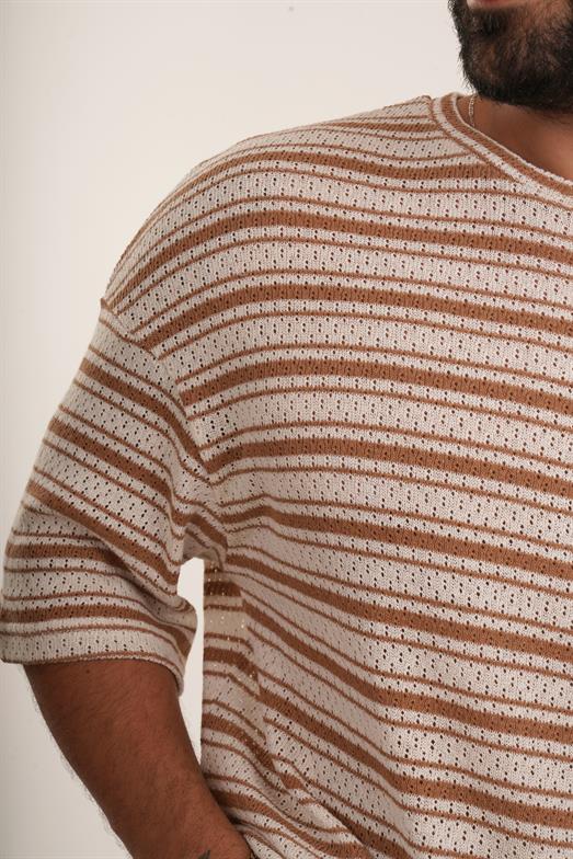 Camel Örgü Triko Yatay Çizgili Oversize TSHİRT EST E70074