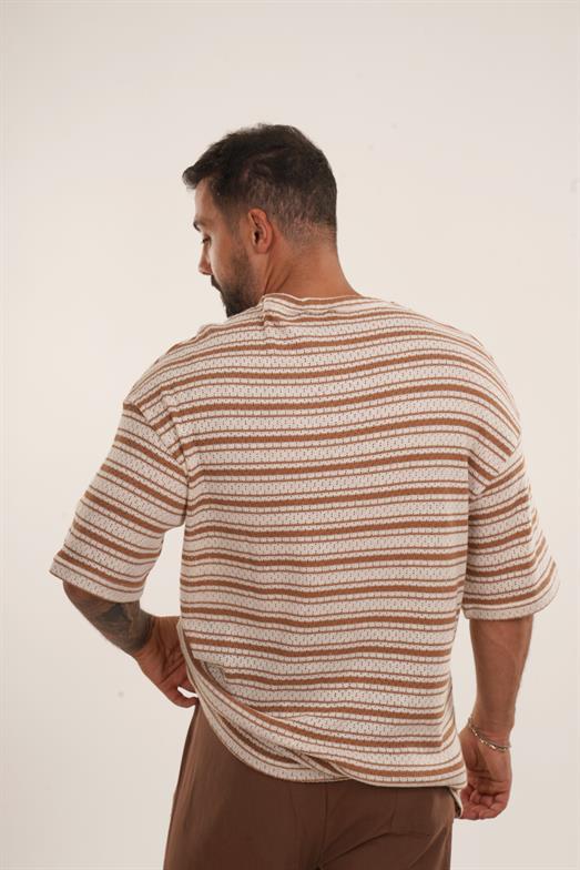 Camel Örgü Triko Yatay Çizgili Oversize TSHİRT EST E70074