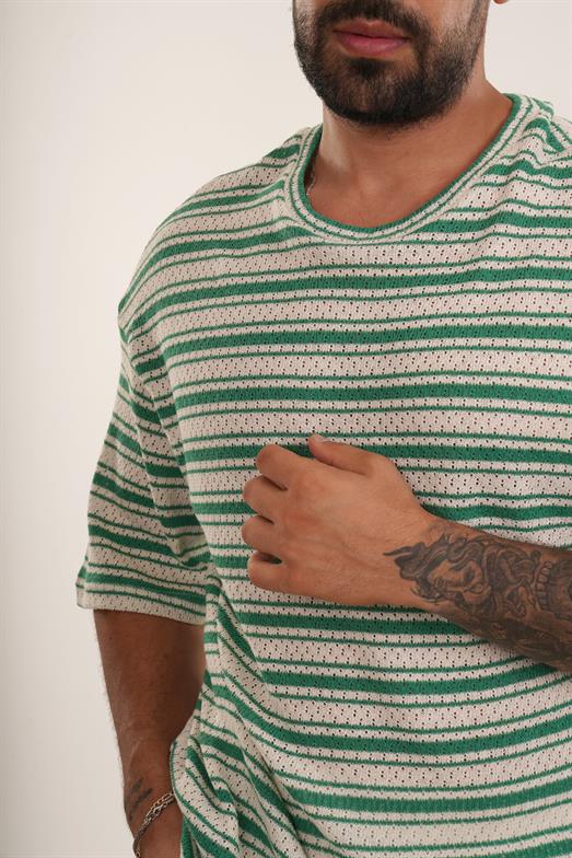 Yeşil Örgü Triko Yatay Çizgili Oversize TSHİRT EST E70074