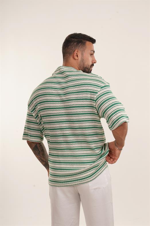 Yeşil Örgü Triko Yatay Çizgili Oversize TSHİRT EST E70074