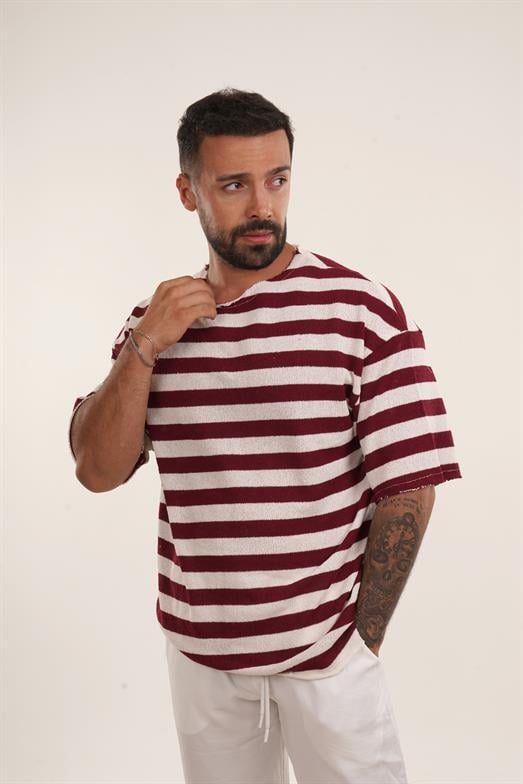 Kırmızı Yatay Çizgili Pis Kesim Triko Havlu Tshirt EST E