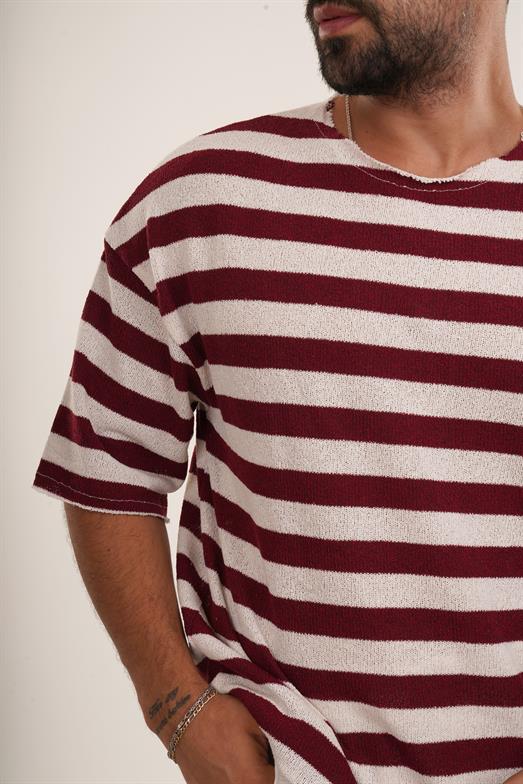 Kırmızı Yatay Çizgili Pis Kesim Triko Havlu Tshirt EST E