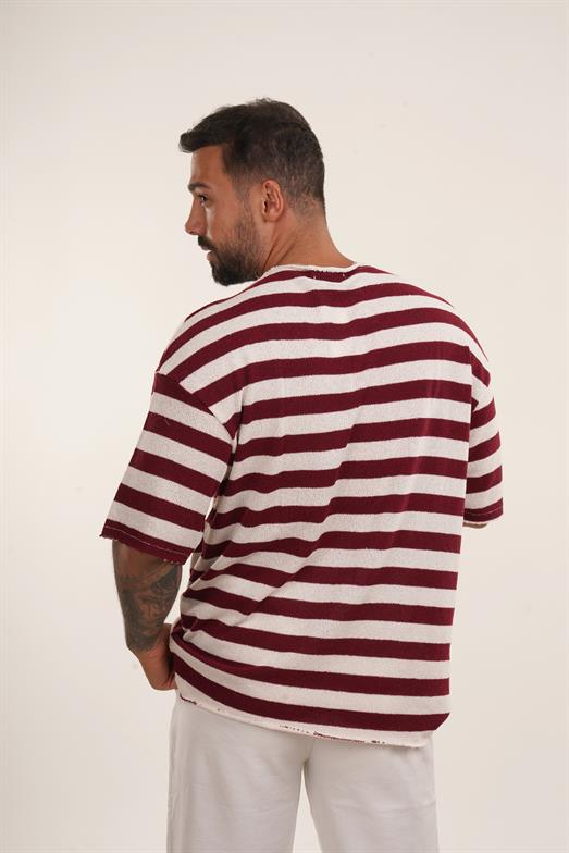 Kırmızı Yatay Çizgili Pis Kesim Triko Havlu Tshirt EST E