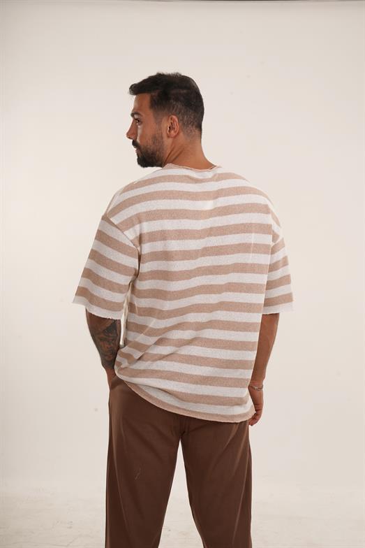 Krem Yatay Çizgili Pis Kesim Triko Havlu Tshirt EST E70076