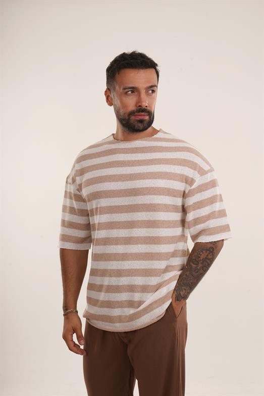 Krem Yatay Çizgili Pis Kesim Triko Havlu Tshirt EST E70076