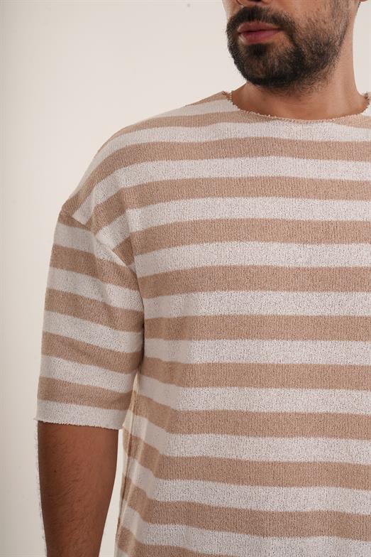 Krem Yatay Çizgili Pis Kesim Triko Havlu Tshirt EST E70076