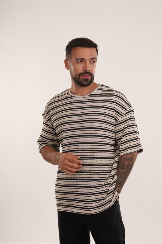 Siyah Örgü Triko Yatay Çizgili Oversize TSHİRT EST E70074