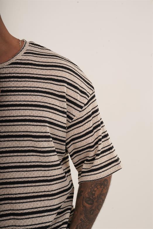 Siyah Örgü Triko Yatay Çizgili Oversize TSHİRT EST E70074