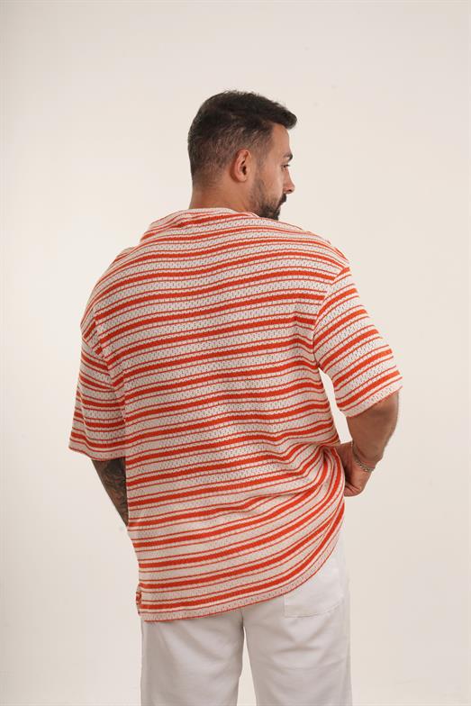 Turuncu Örgü Triko Yatay Çizgili Oversize TSHİRT EST E70074