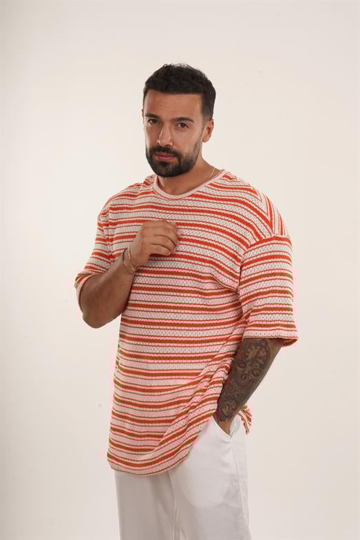 Turuncu Örgü Triko Yatay Çizgili Oversize TSHİRT EST E70074