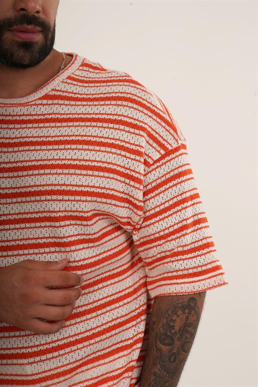 Turuncu Örgü Triko Yatay Çizgili Oversize TSHİRT EST E70074