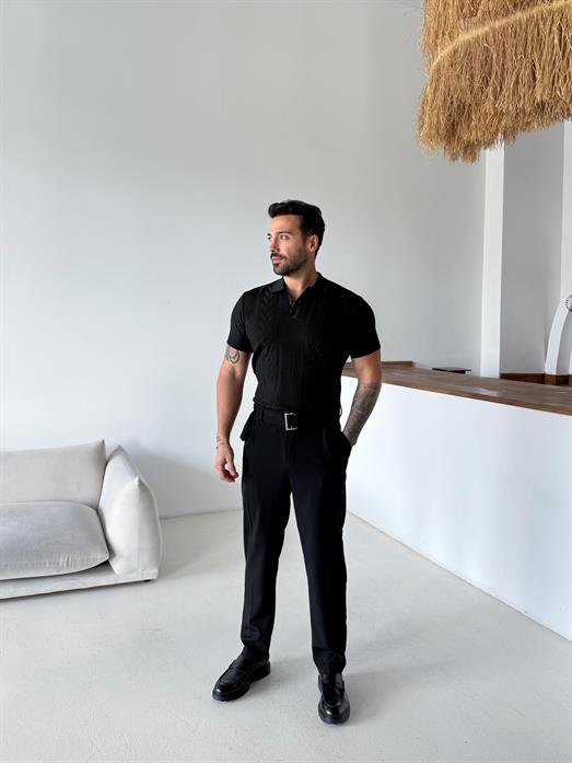 Siyah Jakar Desenli Düğmeli Polo Triko Tk