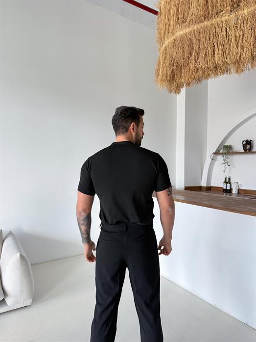 Siyah Jakar Desenli Düğmeli Polo Triko Tk