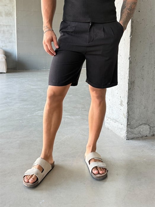 Siyah Keten Kemerli Regular Fit Şort SNZ 3977