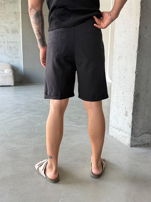 Siyah Keten Kemerli Regular Fit Şort SNZ 3977
