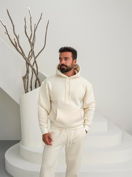 Bej 3 İplik Oversize Compak Kapüşonlu SC