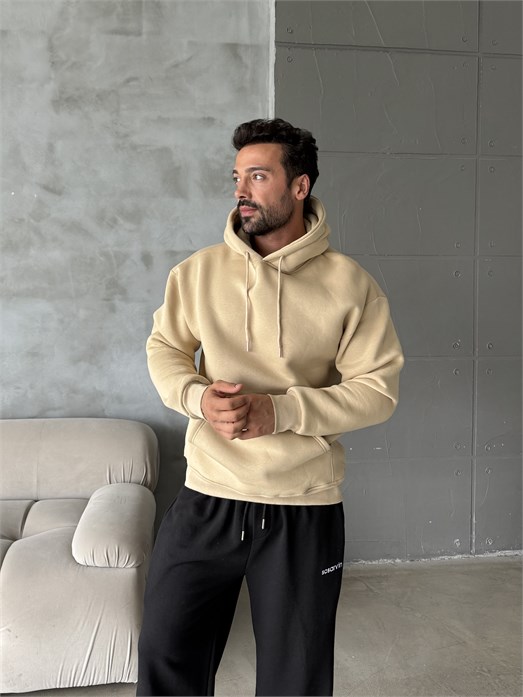 Bej Kangru Kapşonlu 3 İplik Hoodie Model 4