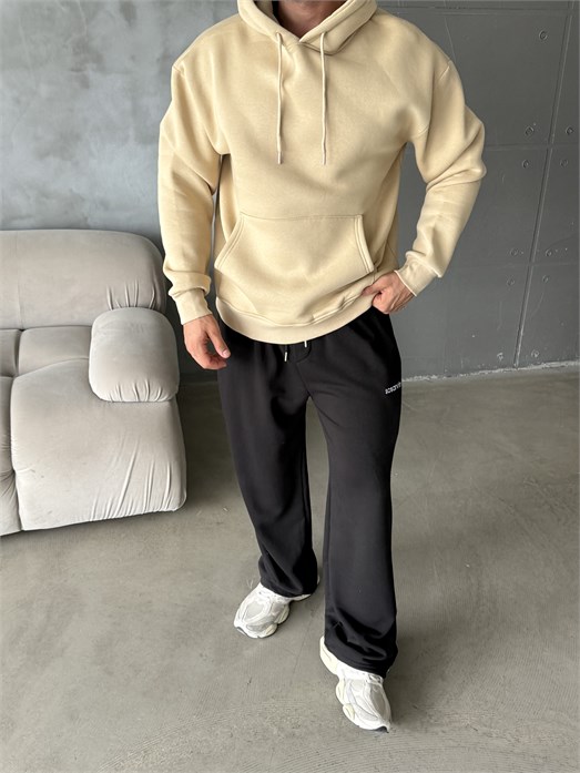 Bej Kangru Kapşonlu 3 İplik Hoodie Model 4