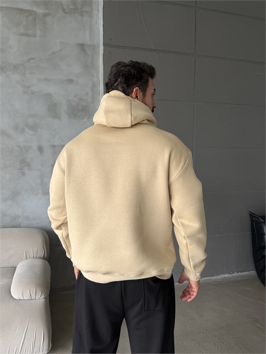 Bej Kangru Kapşonlu 3 İplik Hoodie Model 4