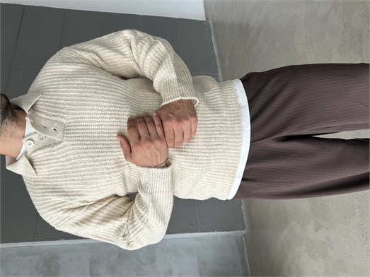 Bej Polo Yaka Şardonlu Düğmeli Boxy Kazak SNZ 1011
