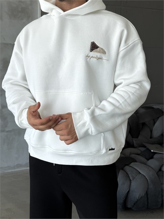 Beyaz Compak 3 İplik Halı Desenli Boxy Hoodie PLZ 27004
