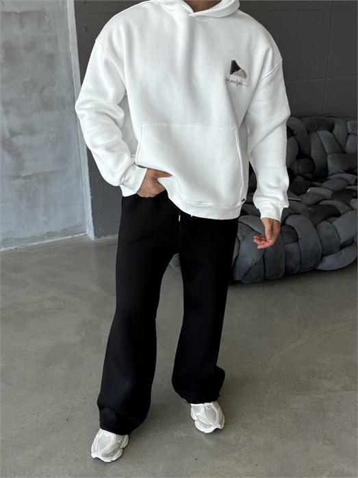 Beyaz Compak 3 İplik Halı Desenli Boxy Hoodie PLZ 27004