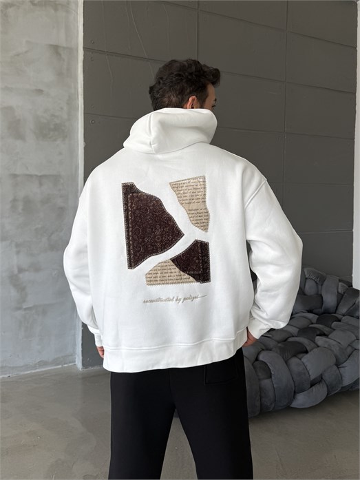 Beyaz Compak 3 İplik Halı Desenli Boxy Hoodie PLZ 27004