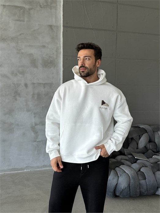 Beyaz Compak 3 İplik Halı Desenli Boxy Hoodie PLZ 27004