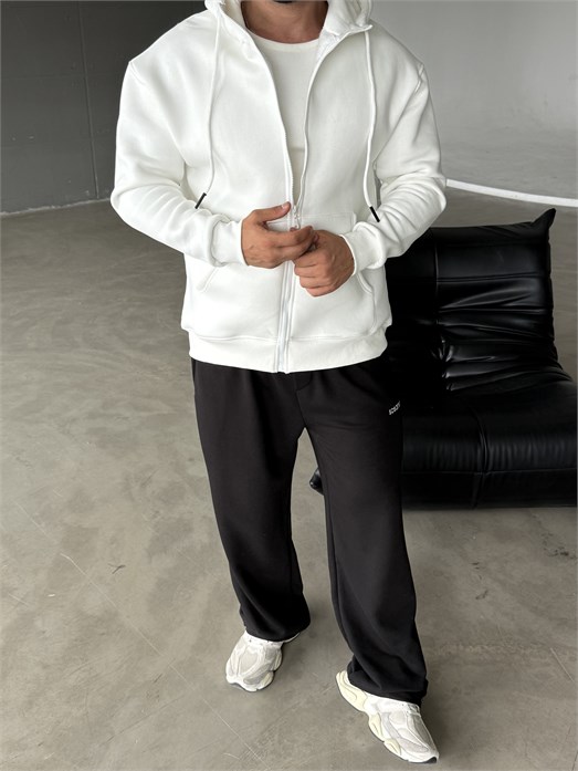 Beyaz Fermuarlı Kapşonlu 3 İplik Hoodie Model 16