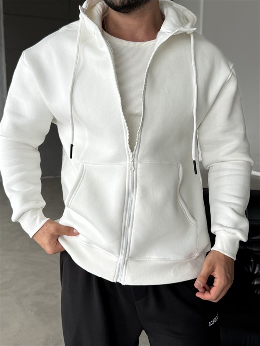 Beyaz Fermuarlı Kapşonlu 3 İplik Hoodie Model 16