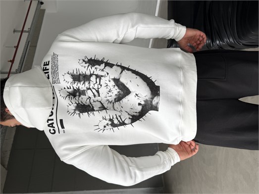 Beyaz Kangru Kapşonlu 24 Life 3 İplik Hoodie Model 12