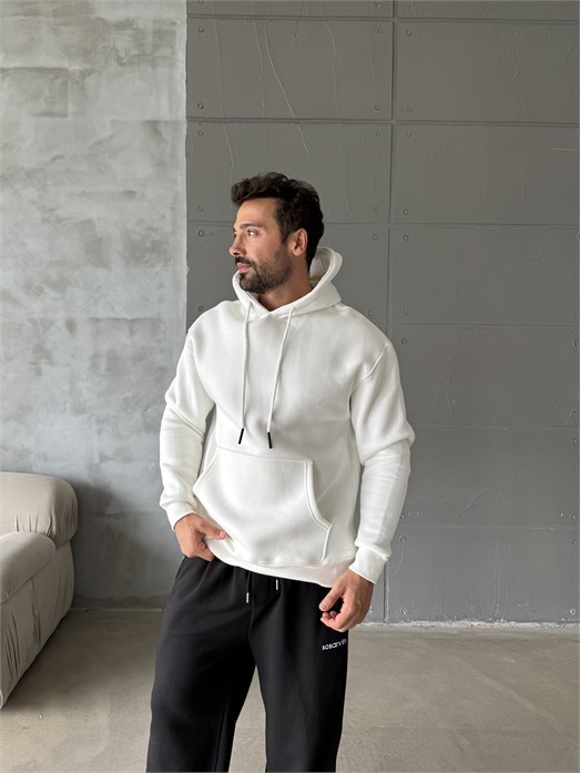 Beyaz Kangru Kapşonlu 3 İplik Hoodie Model 4