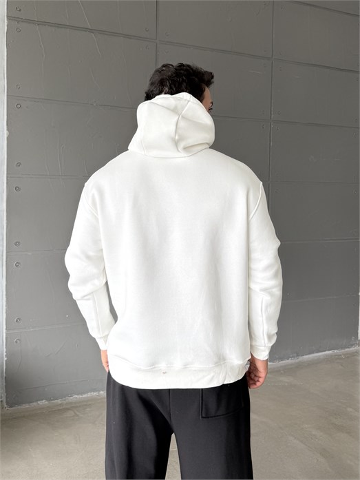 Beyaz Kangru Kapşonlu 3 İplik Hoodie Model 4