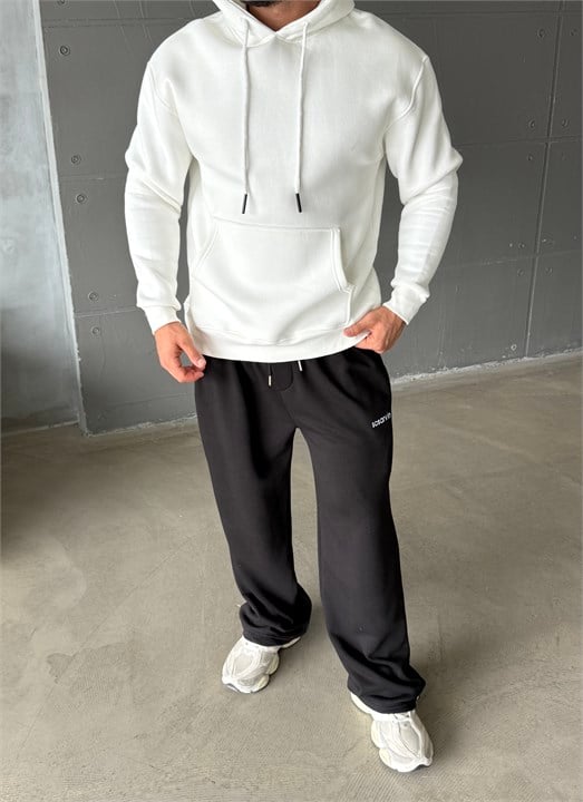 Beyaz Kangru Kapşonlu 3 İplik Hoodie Model 4