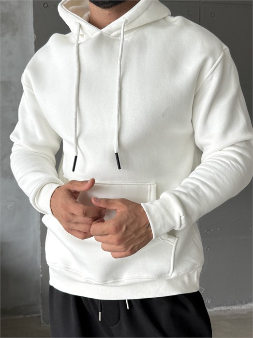 Beyaz Kangru Kapşonlu 3 İplik Hoodie Model 4