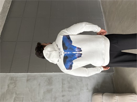 Beyaz Kangru Kapşonlu Butterfly 3 İplik Hoodie Model 10