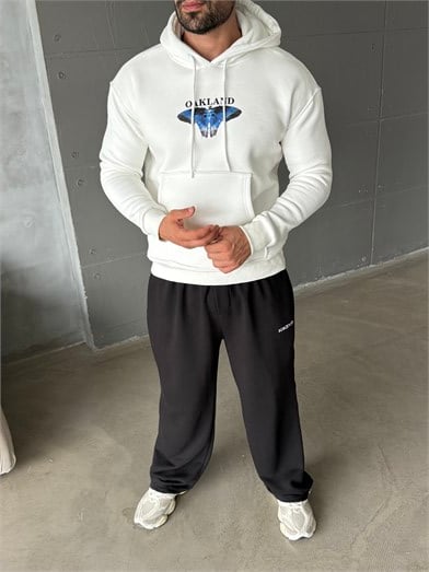 Beyaz Kangru Kapşonlu Butterfly 3 İplik Hoodie Model 10