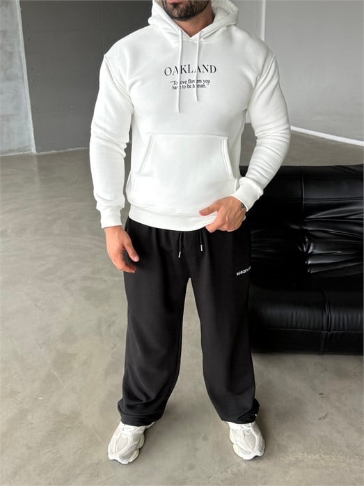 Beyaz Kangru Kapşonlu Oakland 3 İplik Hoodie Model 5