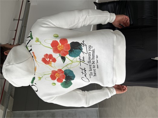 Beyaz Kangru Kapşonlu Oakland 3 İplik Hoodie Model 5