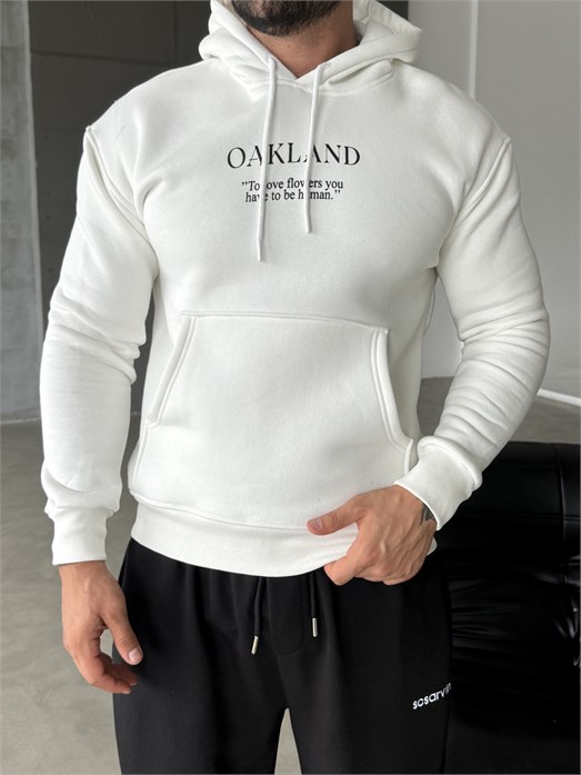Beyaz Kangru Kapşonlu Oakland 3 İplik Hoodie Model 5