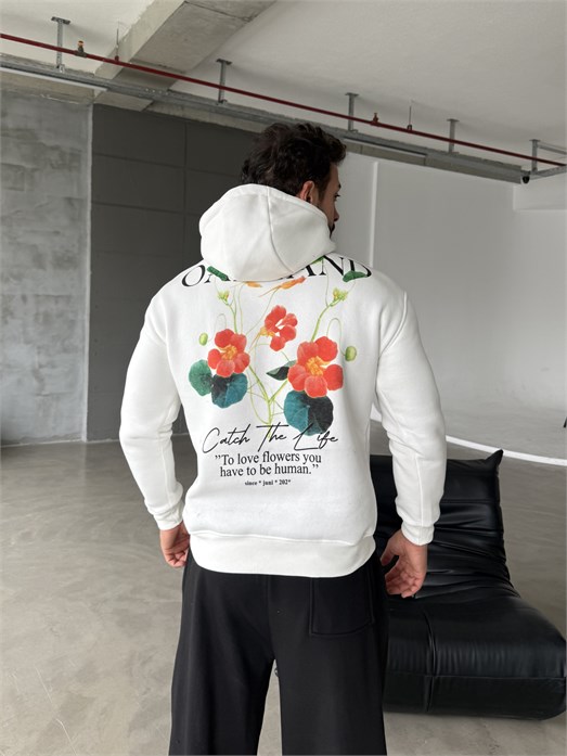 Beyaz Kangru Kapşonlu Oakland 3 İplik Hoodie Model 5
